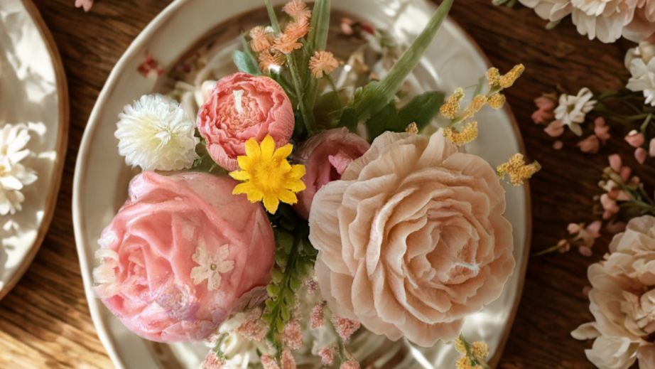 Decorative plate with pink and white flowers on a wooden surface surrounded by more flowers.